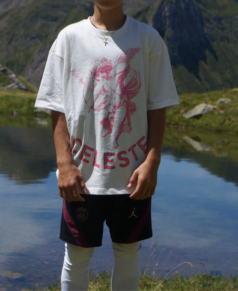 Tshirt Angel rose et blanc, logo imprimé 100% coton bio.