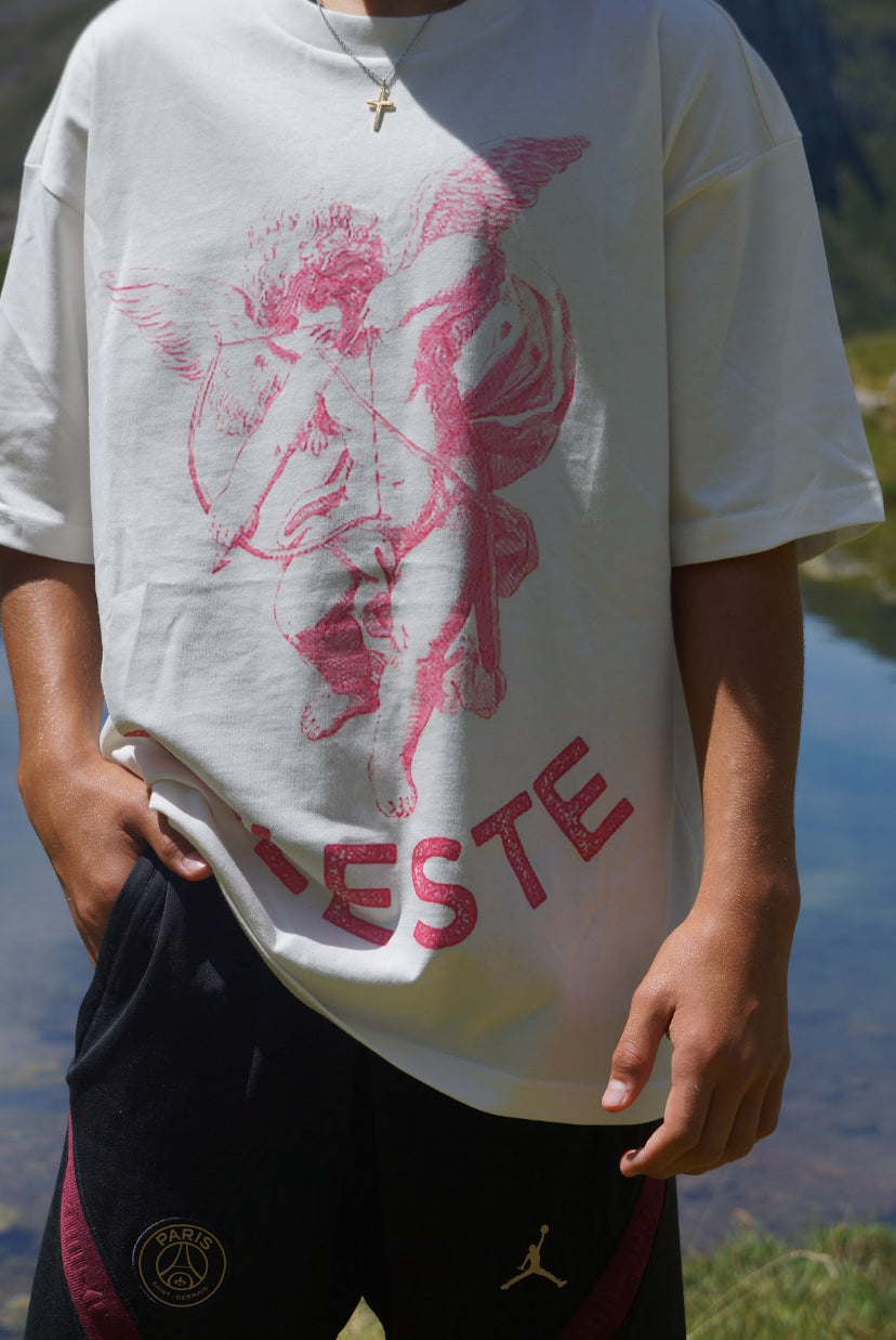 Tshirt Angel rose et blanc, logo imprimé 100% coton bio.