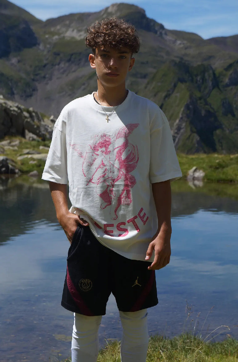 Tshirt Angel rose et blanc, logo imprimé 100% coton bio.